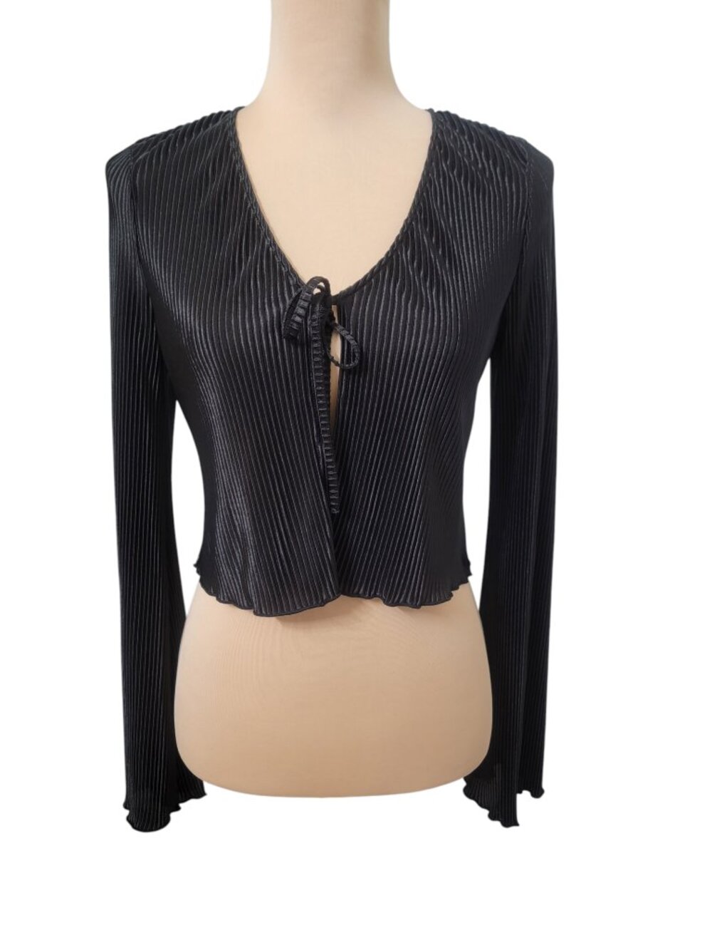 NA-KD Size XS Black Plisse-Textured Front Tie Top/Cardigan, Long Bell Sleeves
